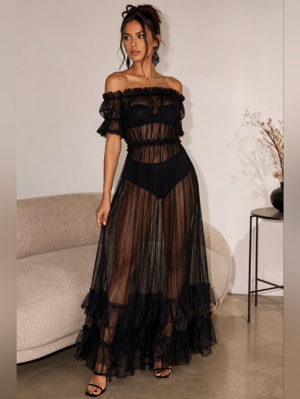 Black Sheer Mesh Ruffle Off Shoulder Maxi Dress Cover Up Goth Whimsigoth XL